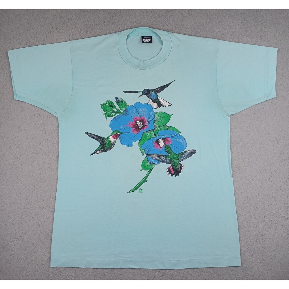 Vintage Hummingbird Floral Screen Stars Best T-Shirt Mens L  Blue 80s 90s Nature